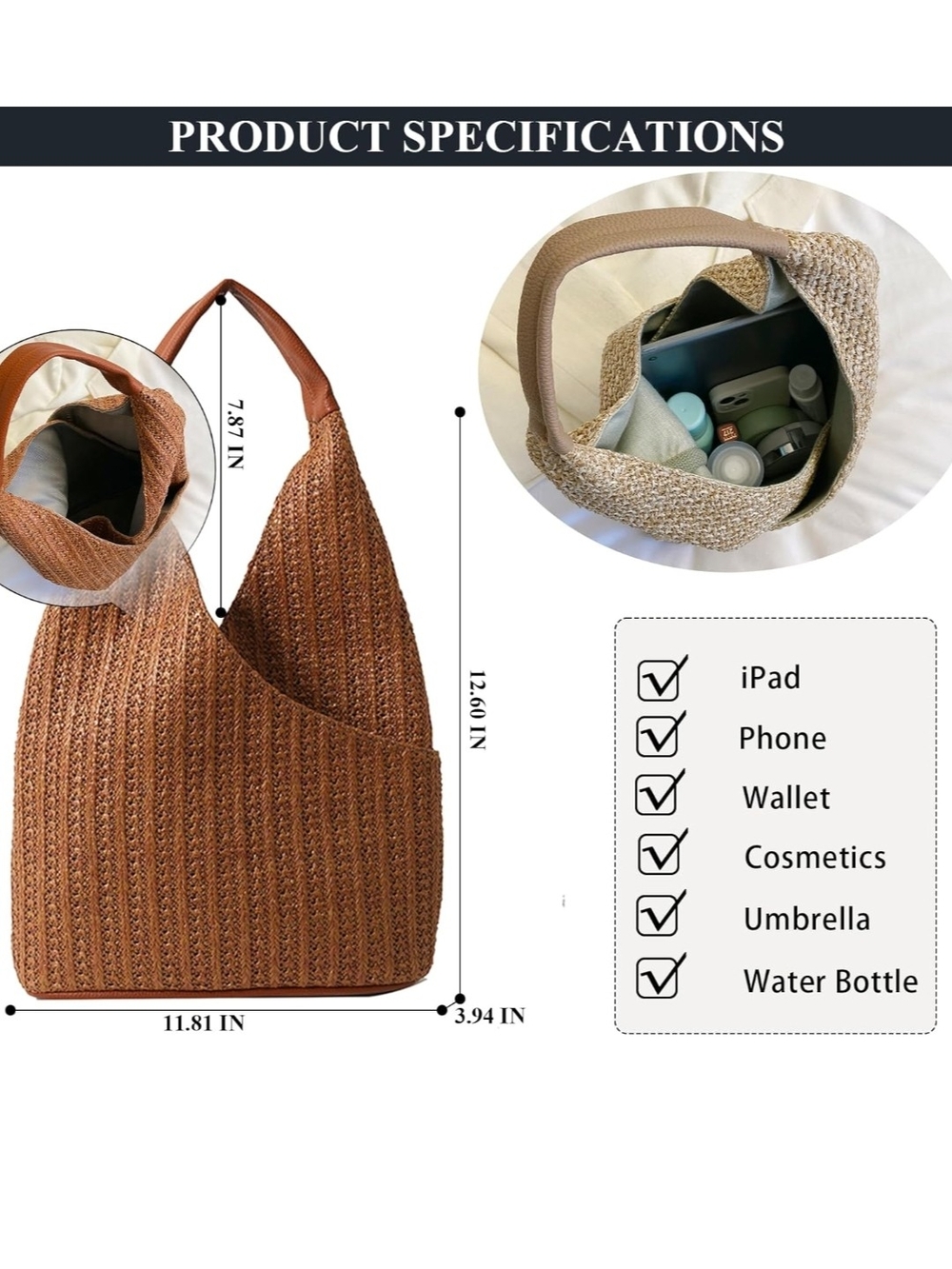 Woven Hobo Tote Bag in Brown - Picture 2 of 7